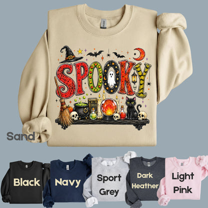 Halloween Witch Shelf Black Cat T-Shirt, Crystal Ball Cauldron Potion Skull Spooky Tee