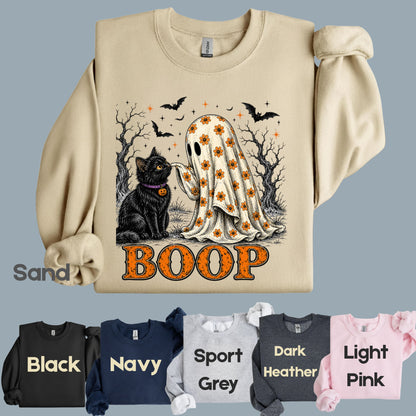 Halloween Cute Ghost Boop Black Cat T-Shirt, Floral Sheet Bats Spooky Season Tee