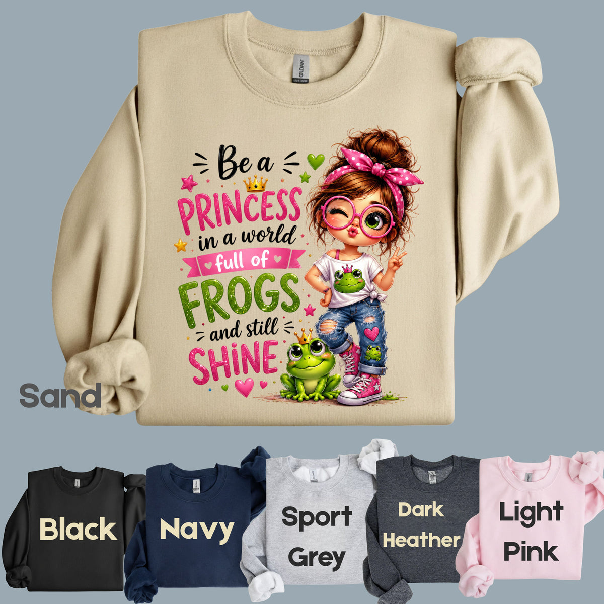 Be a Princess Frog Girl T-Shirt, Cute Messy Bun Pink Green Quote Tee