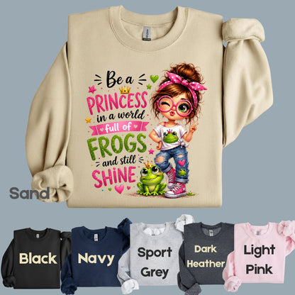 Be a Princess Frog Girl T-Shirt, Cute Messy Bun Pink Green Quote Tee