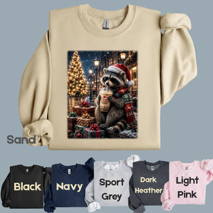 Christmas Raccoon Santa Hat T-Shirt, Coffee Drink Cute Holiday Winter Comfort Color Tee