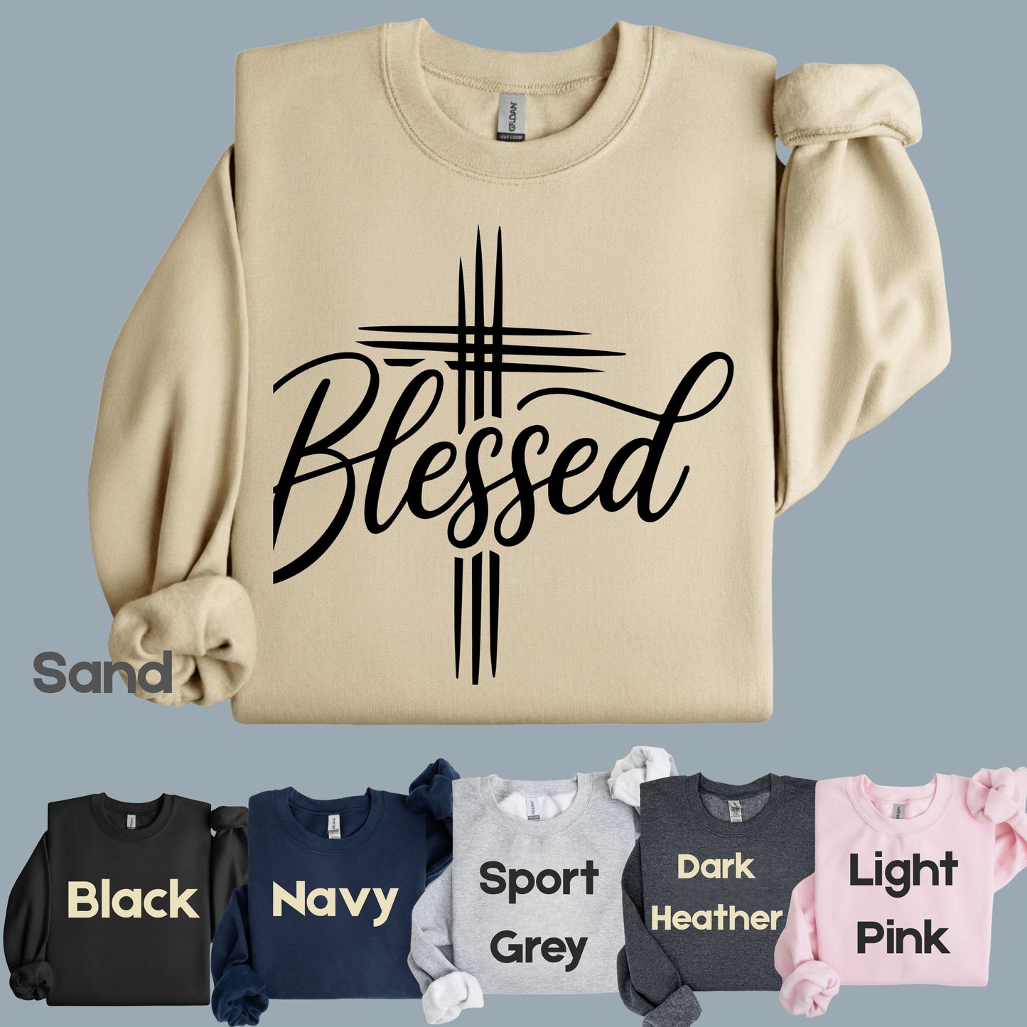 Blessed Cross Christian T-Shirt, Script Cursive Faith Minimalist Religious Tee Sweatshirt