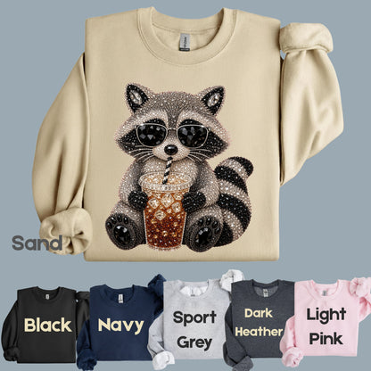 Cool Raccoon Iced Coffee T-Shirt, Sunglasses Trash Panda Rhinestone Tee Sweatshirt