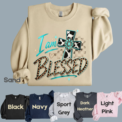 I Am Blessed Western Cross Cow Print T-Shirt, Turquoise Leopard Faith Tee