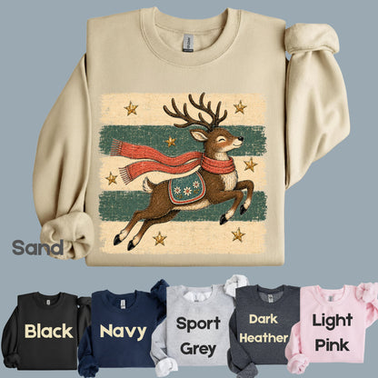 Vintage Christmas Reindeer T-Shirt, Flying Reindeer Scarf Retro Winter Comfort Color Tee