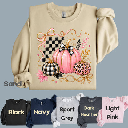 Pink Coquette Fall Pumpkin T-Shirt, Leopard Plaid Ribbon Bow Checkered Autumn Tee