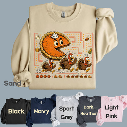 Funny Thanksgiving Pacman Pumpkin Pie T-Shirt, Chasing Turkeys Maze Video Game Tee