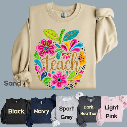 Teacher Teach Floral Apple T-Shirt, Colorful Back to School Teacher Life Tee