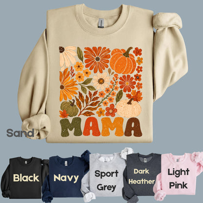 Mama Fall Floral Pumpkins T-Shirt, Retro Groovy Autumn Flowers Thanksgiving Comfort Color Tee