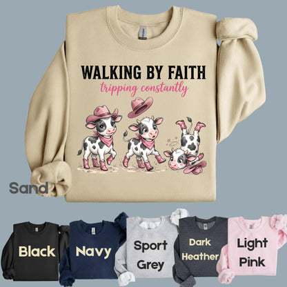 Funny Western Cow Walking by Faith T-Shirt, Pink Cowboy Boots Christian Humor Tee