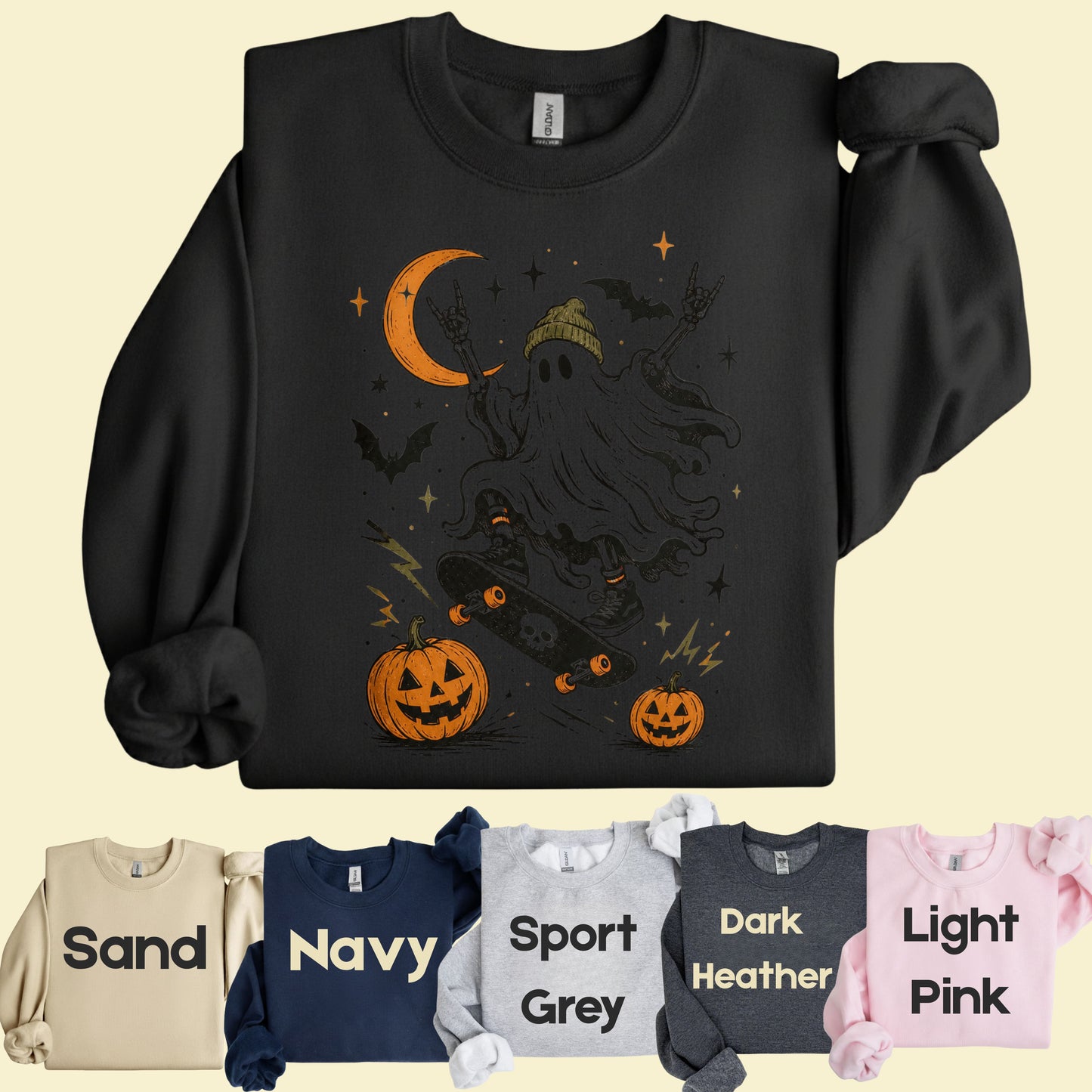 Halloween Skater Ghost Rock On T-Shirt, Skateboarding Skeleton Crescent Moon Pumpkins Bats Tee