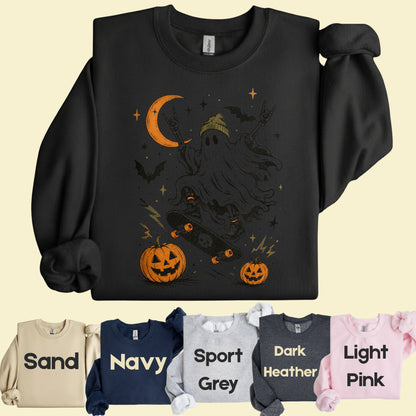 Halloween Skater Ghost Rock On T-Shirt, Skateboarding Skeleton Crescent Moon Pumpkins Bats Tee