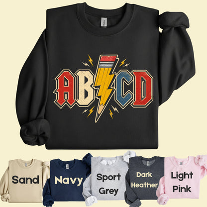 AB CD Lightning Bolt Pencil Teacher T-Shirt, Rock N Roll Back to School Comfort Color Tee