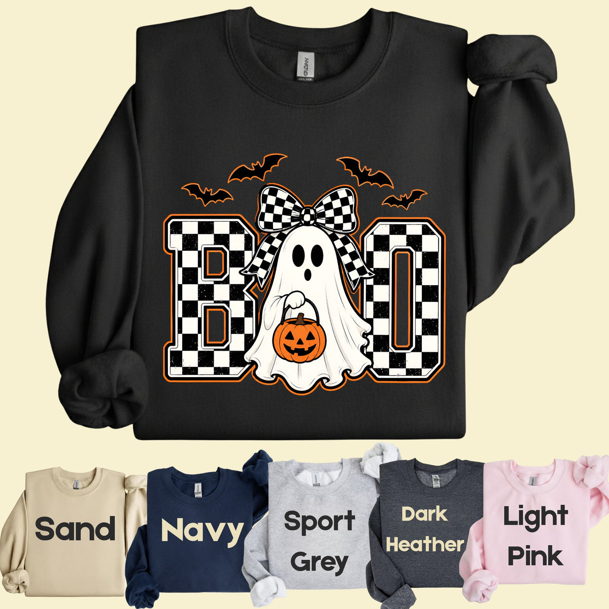 Boo Checkered Bow Ghost Halloween T-Shirt, Pumpkin Bucket Bats Retro Tee Sweatshirt