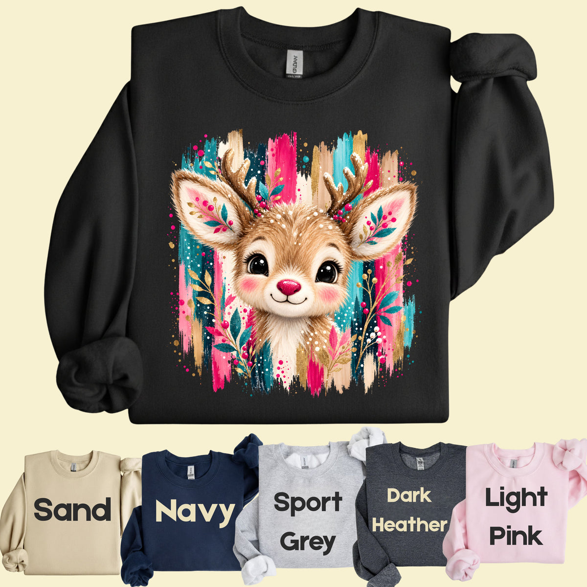Cute Christmas Reindeer Floral Antlers T-Shirt, Pink Teal Gold Holiday Tee