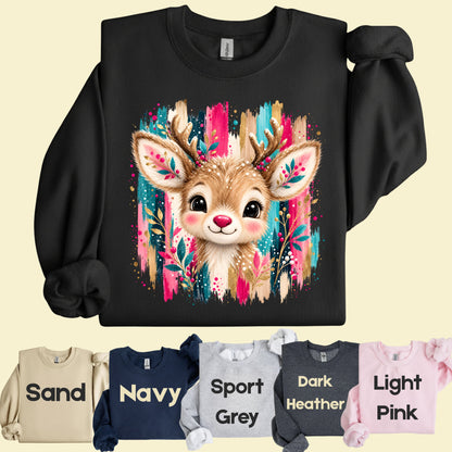 Cute Christmas Reindeer Floral Antlers T-Shirt, Pink Teal Gold Holiday Tee