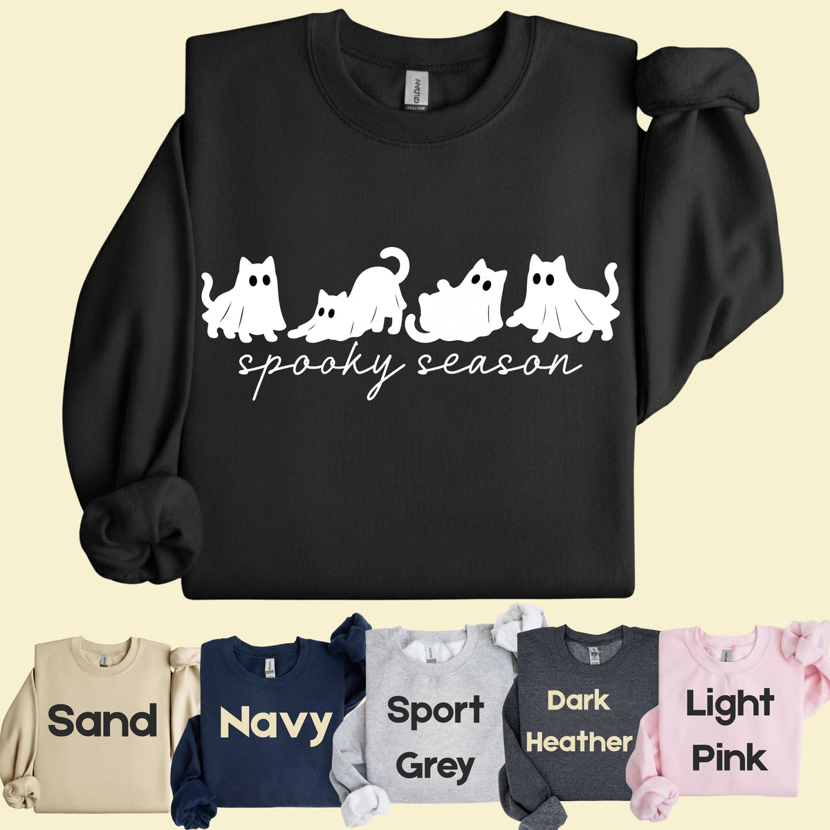 Spooky Season Ghost Cats Halloween T-Shirt, Black Cats Ghost Line Art Minimalist Tee