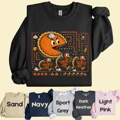 Funny Thanksgiving Pacman Pumpkin Pie T-Shirt, Chasing Turkeys Maze Video Game Tee