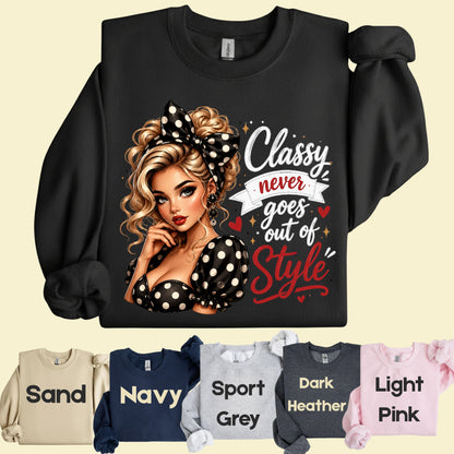 Classy Never Goes Out of Style Pinup Girl T-Shirt, Vintage Polka Dot Bow Tee Sweatshirt