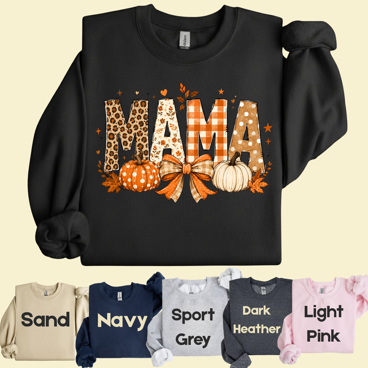 Fall Mama Pumpkin Leopard Plaid T-Shirt, Varsity Letters Autumn Leaves Bow Thanksgiving Mom Tee