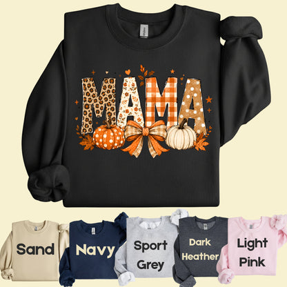 Fall Mama Pumpkin Leopard Plaid T-Shirt, Varsity Letters Autumn Leaves Bow Thanksgiving Mom Tee