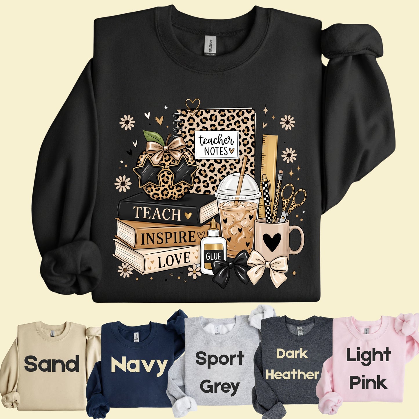 Teach Inspire Love Leopard Teacher T-Shirt, Notebook Coffee Iced Drink Comfort Color Tee