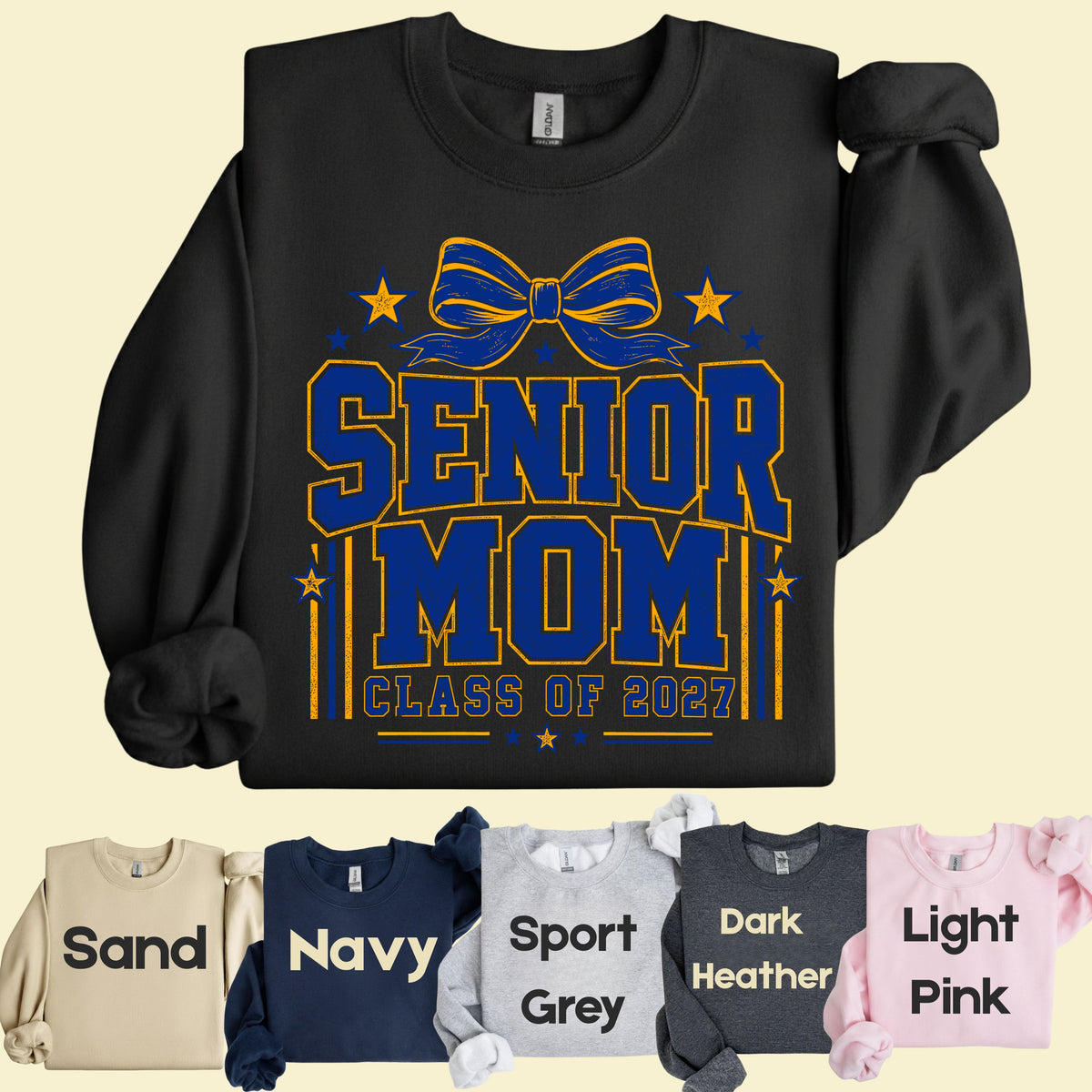 Senior Mom 2027 Royal Blue Yellow Cheer Bow T-Shirt, Varsity Graduation Mother Tee