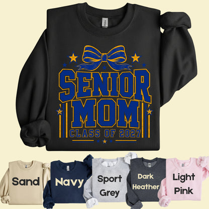 Senior Mom 2027 Royal Blue Yellow Cheer Bow T-Shirt, Varsity Graduation Mother Tee