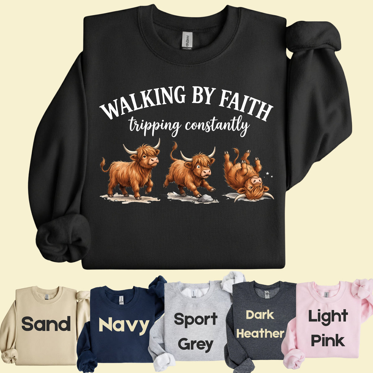 Walking by Faith Highland Cow T-Shirt, Tripping Constantly Funny Christian Quote Tee