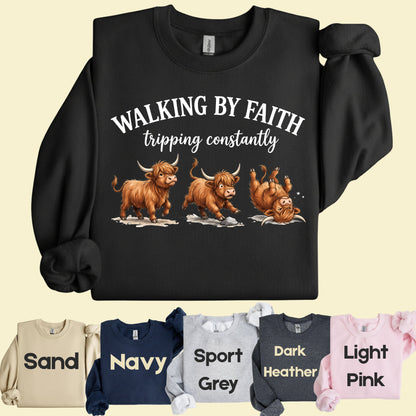 Walking by Faith Highland Cow T-Shirt, Tripping Constantly Funny Christian Quote Tee