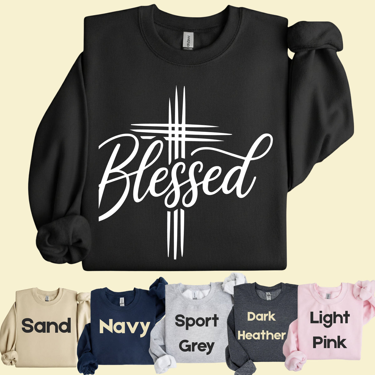 Blessed Cross Christian T-Shirt, Script Cursive Faith Minimalist Religious Tee Sweatshirt