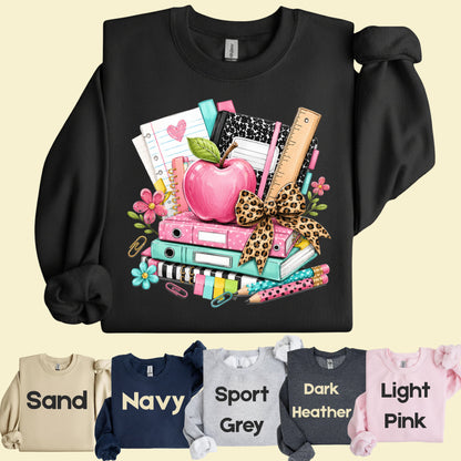 Pink Apple School Supplies T-Shirt, Books Leopard Bow Back to School Teacher Tee