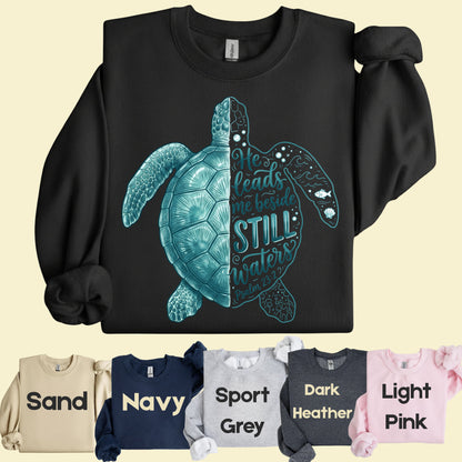 Christian Sea Turtle Psalm 23 T-Shirt, He Leads Me Beside Still Waters Faith Tee