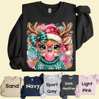 Christmas Reindeer Pink Glasses T-Shirt, Bubblegum Deer Santa Hat Cute Comfort Color Tee