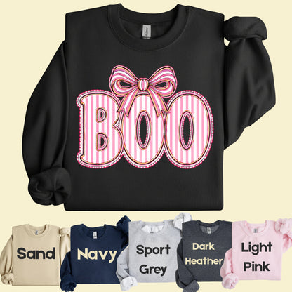 Boo Coquette Pink Bow Halloween T-Shirt, Striped Ribbon Cute Spooky Season Tee