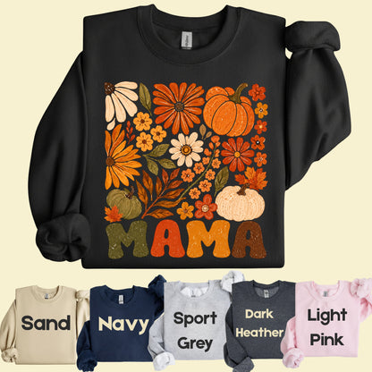 Mama Fall Floral Pumpkins T-Shirt, Retro Groovy Autumn Flowers Thanksgiving Comfort Color Tee