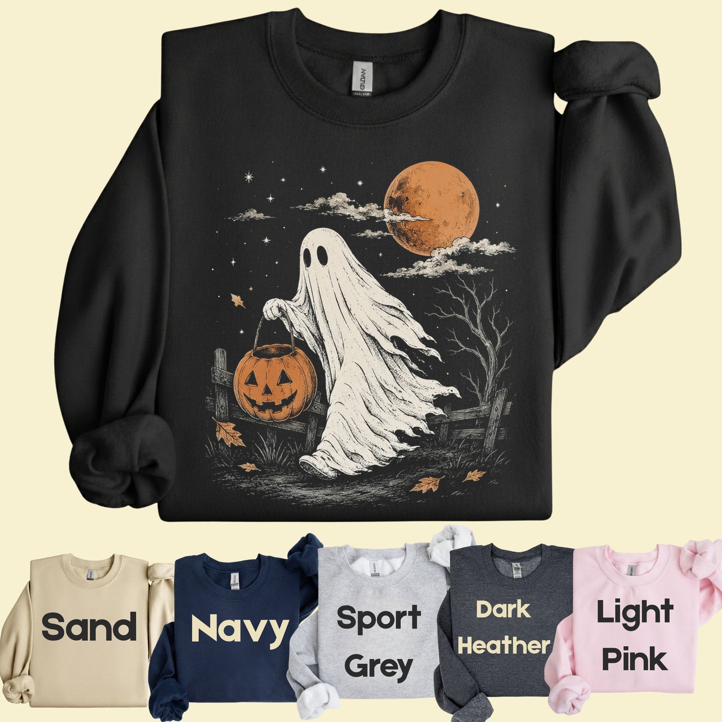 Vintage Halloween Ghost T-Shirt, Jack O Lantern Full Moon Sepia Neutral Tones Spooky Fall Tee