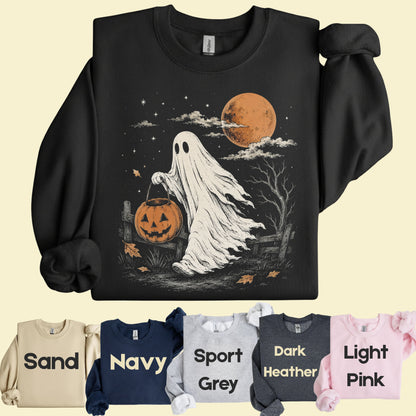 Vintage Halloween Ghost T-Shirt, Jack O Lantern Full Moon Sepia Neutral Tones Spooky Fall Tee