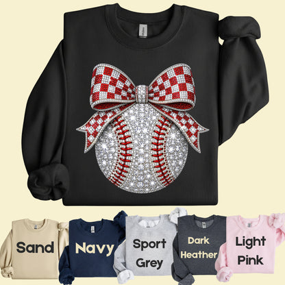 Coquette Baseball Sparkle T-Shirt, Red Checkered Bow Sports Mom Girl Tee