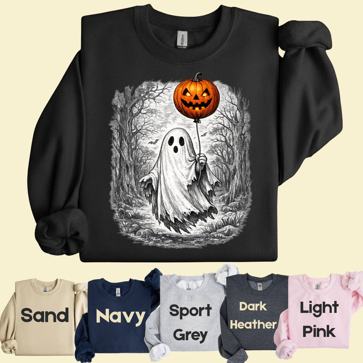 Vintage Halloween Ghost Pumpkin Balloon T-Shirt, Spooky Forest Retro Tee