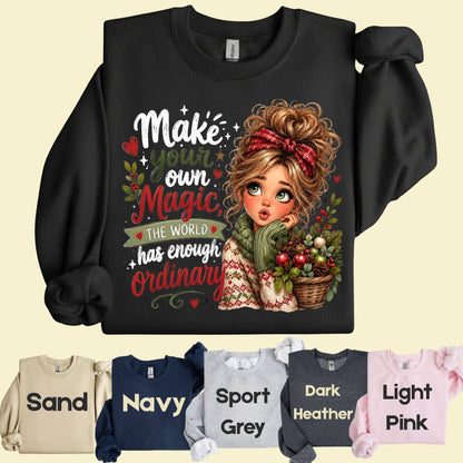 Make Your Own Magic Christmas Messy Bun Girl T-Shirt, Festive Holiday Quote Comfort Color Tee
