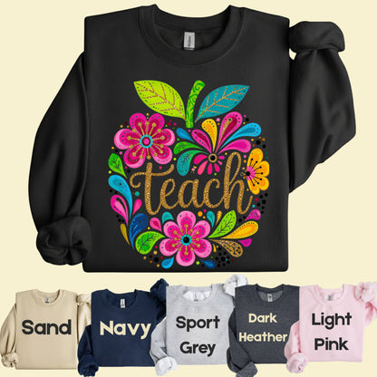 Teacher Teach Floral Apple T-Shirt, Colorful Back to School Teacher Life Tee