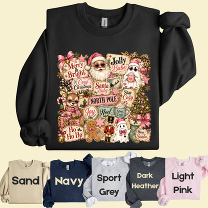 Cozy Pink Christmas Collage T-Shirt, Santa Reindeer Gingerbread Nutcracker North Pole Holiday Tee