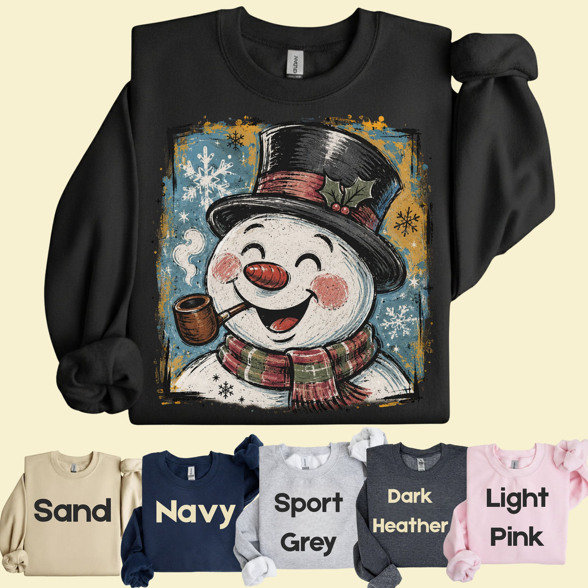 Vintage Snowman Christmas T-Shirt, Top Hat Pipe Snowflakes Scarf Comfort Color Tee