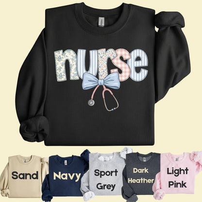 Nurse Coquette Floral Bow T-Shirt, Stethoscope Vintage Patchwork Nurse Tee