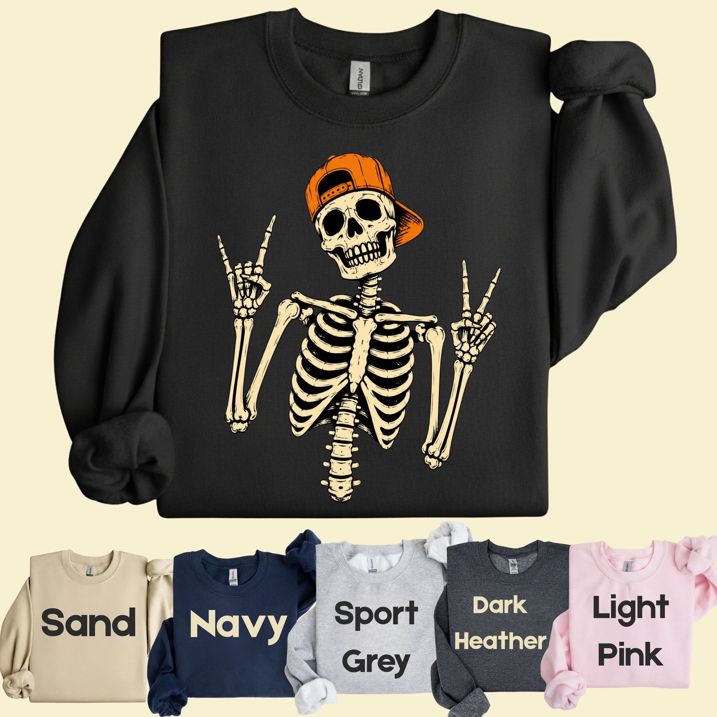 Cool Skeleton Rock On T-Shirt, Peace Sign Halloween Orange Hat Spooky Tee
