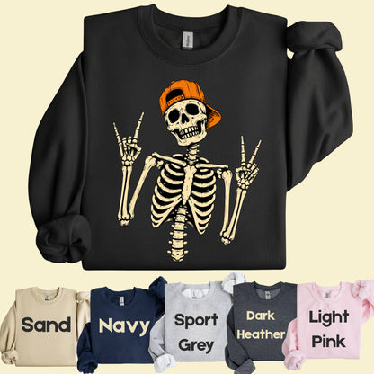 Cool Skeleton Rock On T-Shirt, Peace Sign Halloween Orange Hat Spooky Tee