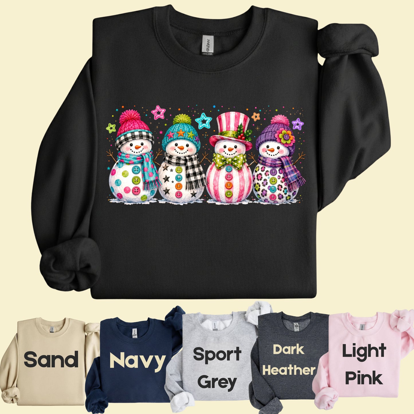 Christmas Colorful Snowmen T-Shirt, Cute Winter Snowman Beanies Scarves Holiday Tee