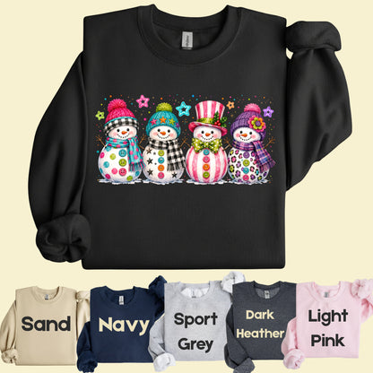 Christmas Colorful Snowmen T-Shirt, Cute Winter Snowman Beanies Scarves Holiday Tee