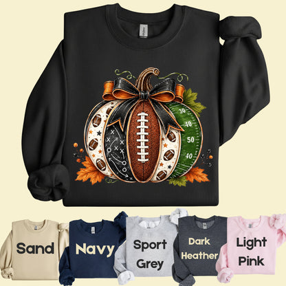 Football Pumpkin Bow Fall T-Shirt, Game Day Football Field Patchwork Autumn Tee